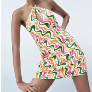 Zara Halter Satin Mini Dress In Retro Groovy Print